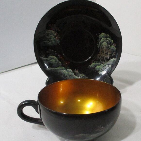 23 Piece Vintage Asian Chinese Black Lacquerware Tea Set Tray Cups Pot Oriental - Picture 8 of 16